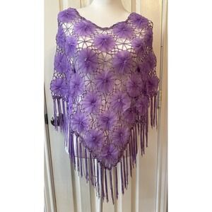 Vtg Grandmacore Crochet Shawl Purple Floral Beaded Lace Tassels S